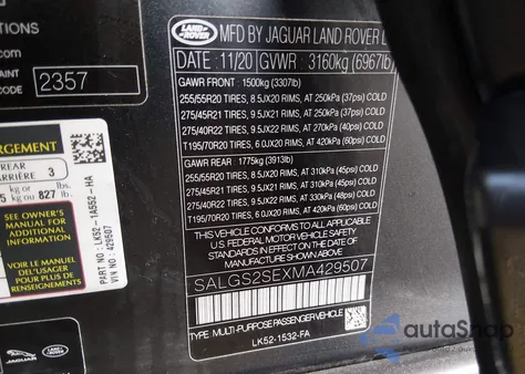 2021 Land Rover Range Rover P525 Westminster z USA, uszkodzony, nr VIN SALGS2SEXMA429507